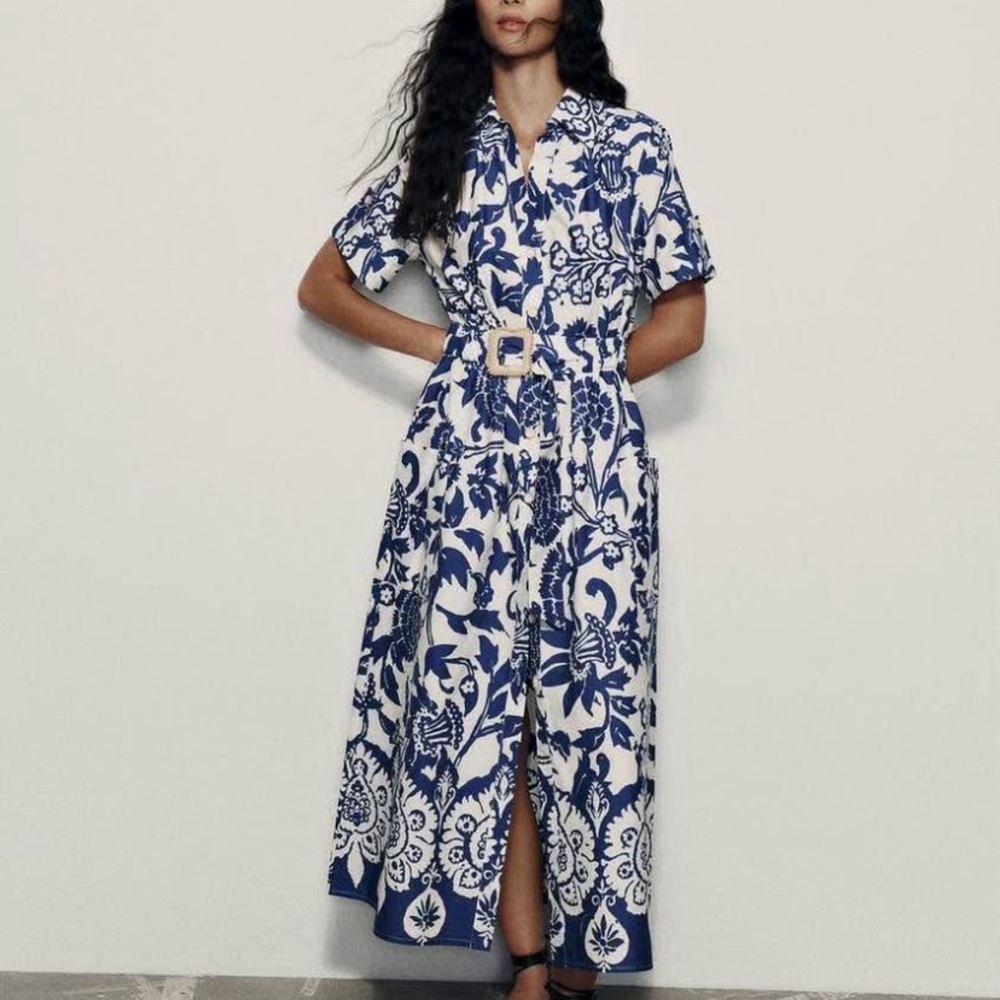 Zara Blue and White Patterned Midi Dress